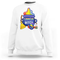 White crewneck Halloween sweatshirt with "Lesbian Witch" witch-cat graphic.