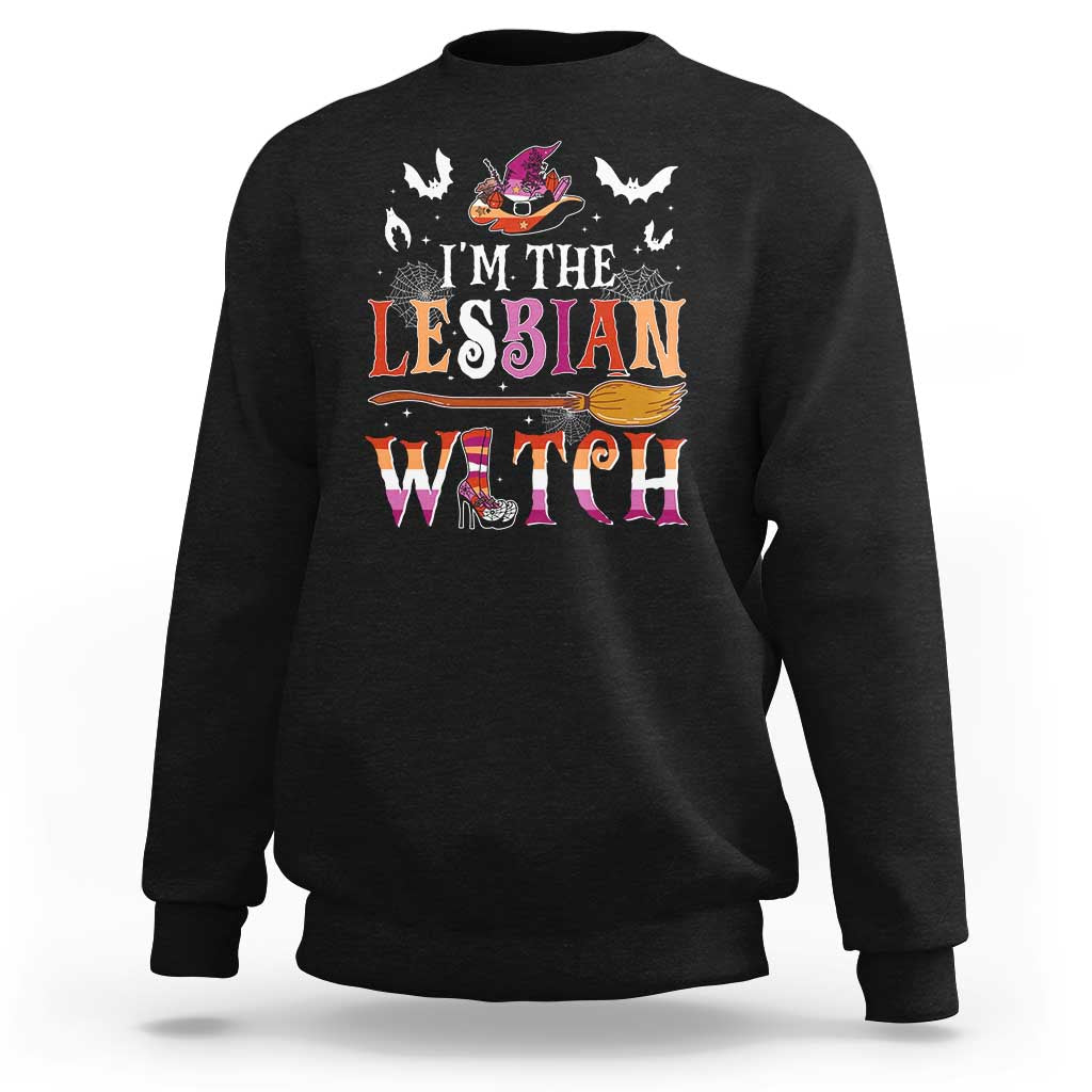 Black crewneck sweatshirt with “I’m the Lesbian Witch” Halloween graphic and bats