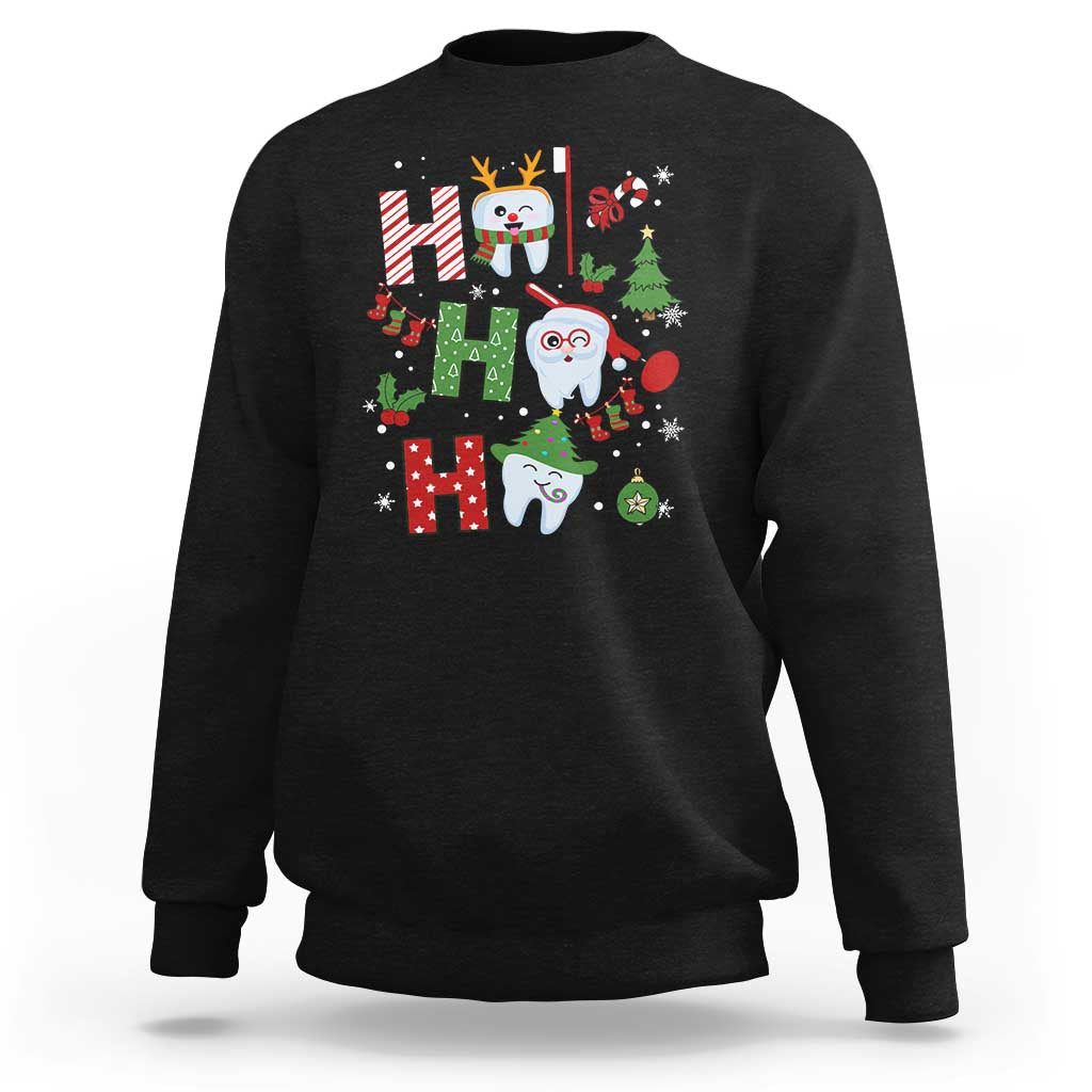 Black dentist Christmas sweatshirt with colorful tooth and holiday ornament graphic