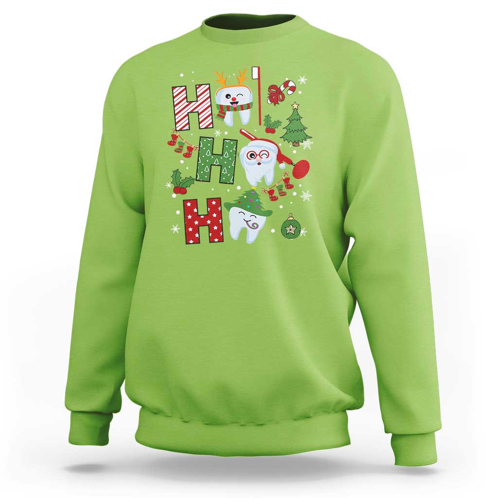 Lime green dentist Christmas sweatshirt with festive tooth graphic
