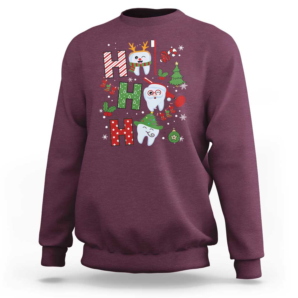 Maroon dentist Christmas sweatshirt with colorful tooth and ornament graphic