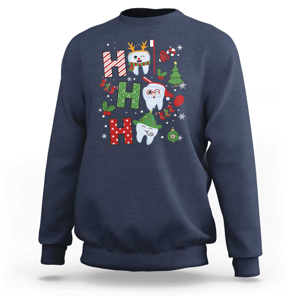 Navy dentist Christmas sweatshirt with festive tooth and holiday tree graphic