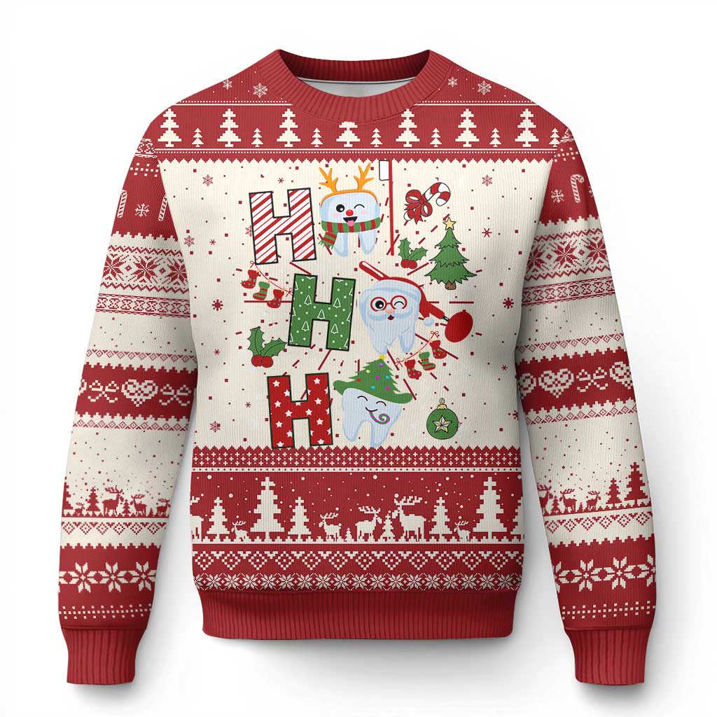 Ugly Christmas sweater with red and cream dental tooth and dentist graphic, crew neck