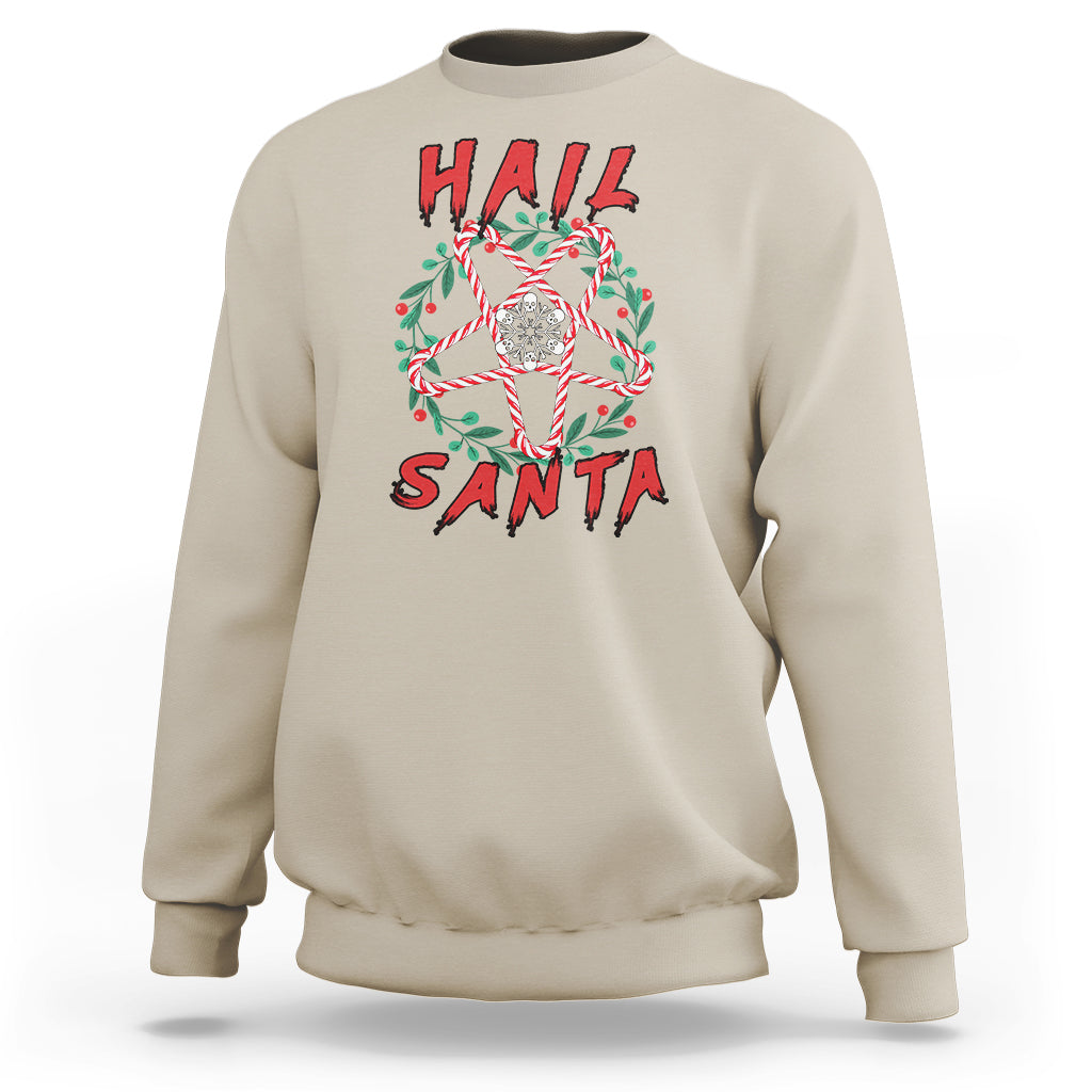 Sand crewneck sweatshirt with centered “Hail Santa” festive graphic