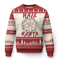 Red and cream ugly Christmas sweater with 'HAIL SANTA' graphic, candy-cane wreath, trees