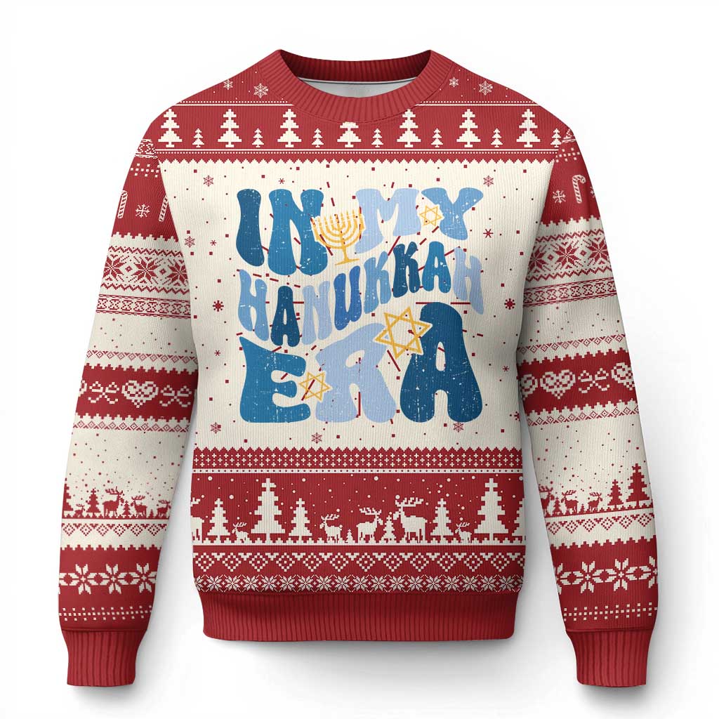 Red Hanukkah-themed ugly Christmas sweater with blue elephant menorah graphic