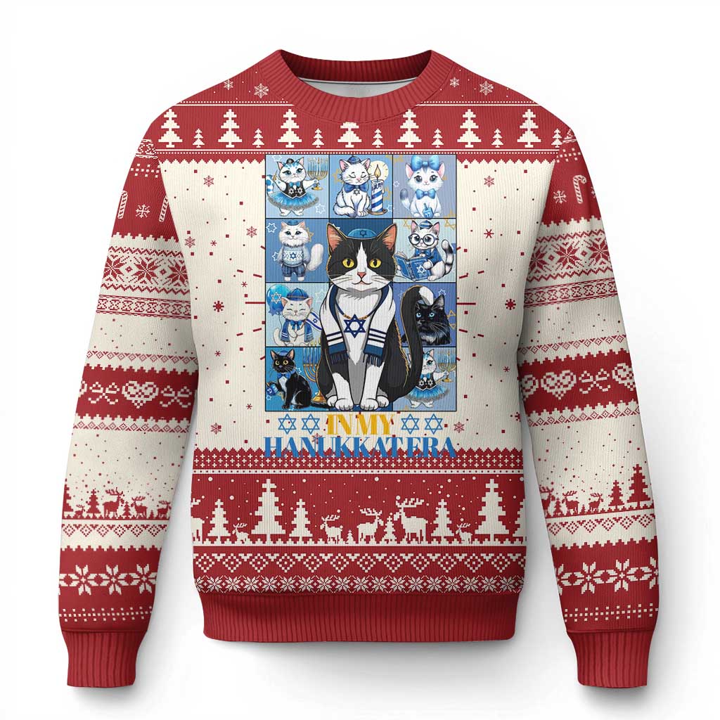 Red ugly Christmas sweater with cat graphic and Hanukkah-era text, long sleeves