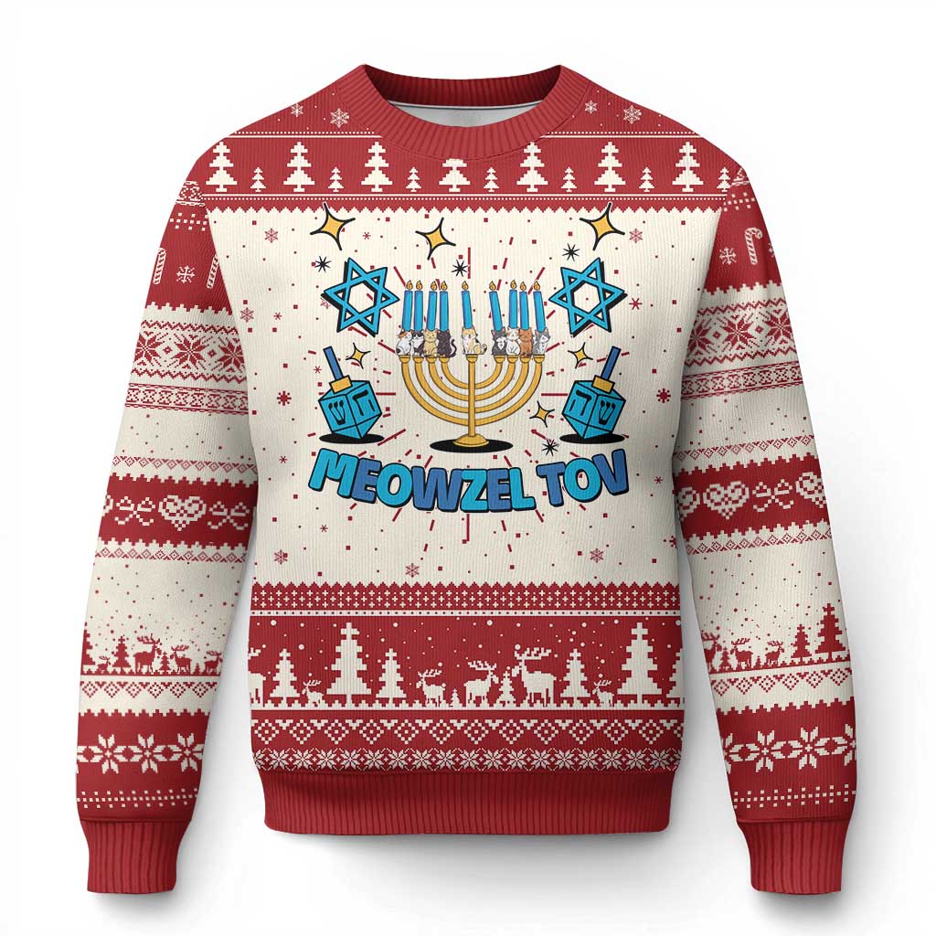 Hanukkah cat sweater in red with menorah graphic and winter snowflake pattern