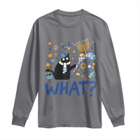 Hanukkah cat long-sleeve shirt in charcoal gray with blue "WHAT?" print