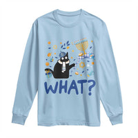 Hanukkah cat long-sleeve shirt in light blue with blue "WHAT?" print