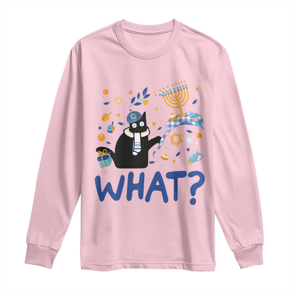 Hanukkah cat long-sleeve shirt in light pink with blue "WHAT?" print