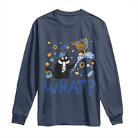 Hanukkah cat long-sleeve shirt in navy with blue "WHAT?" print