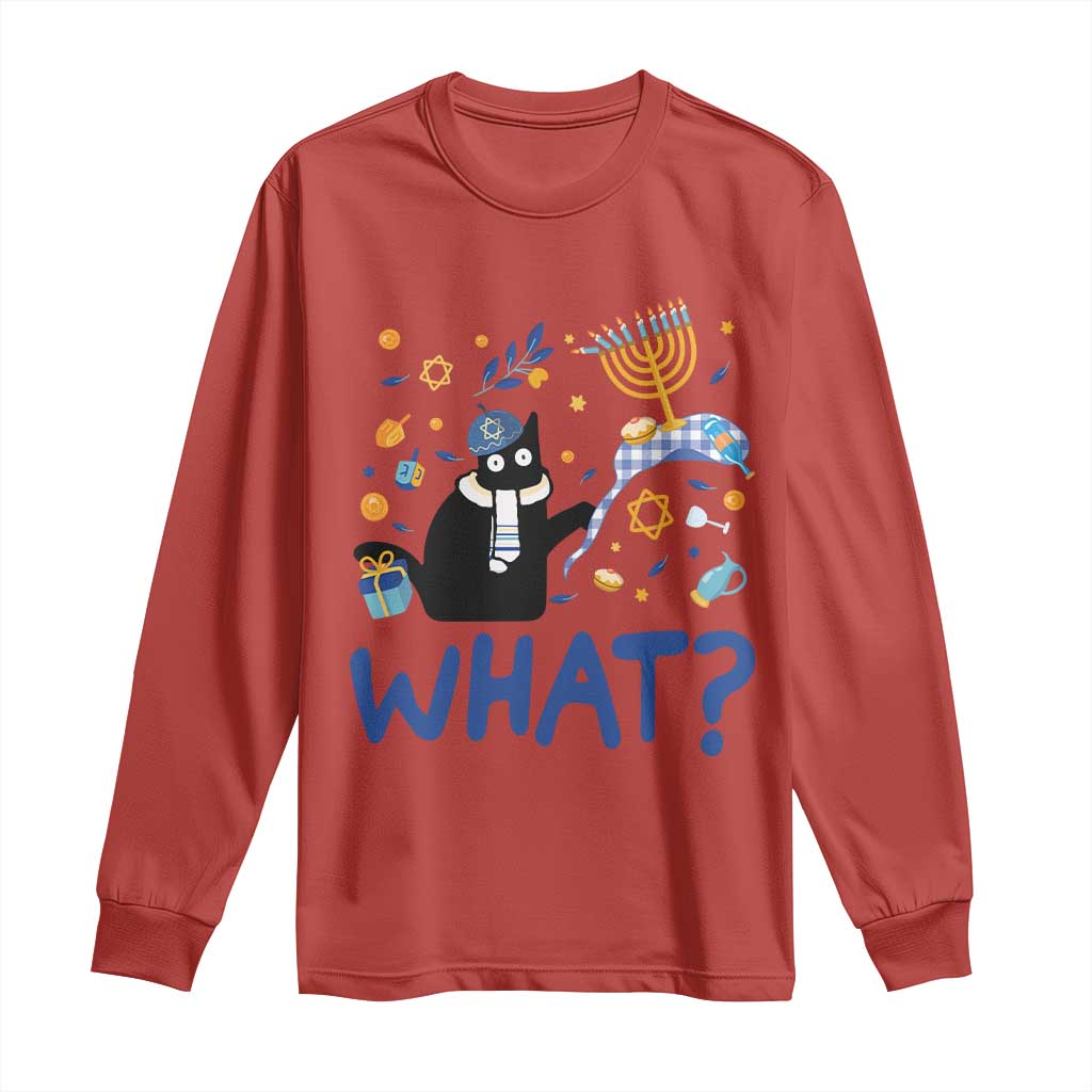 Hanukkah cat long-sleeve shirt in red with blue "WHAT?" print