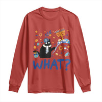 Hanukkah cat long-sleeve shirt in red with blue "WHAT?" print