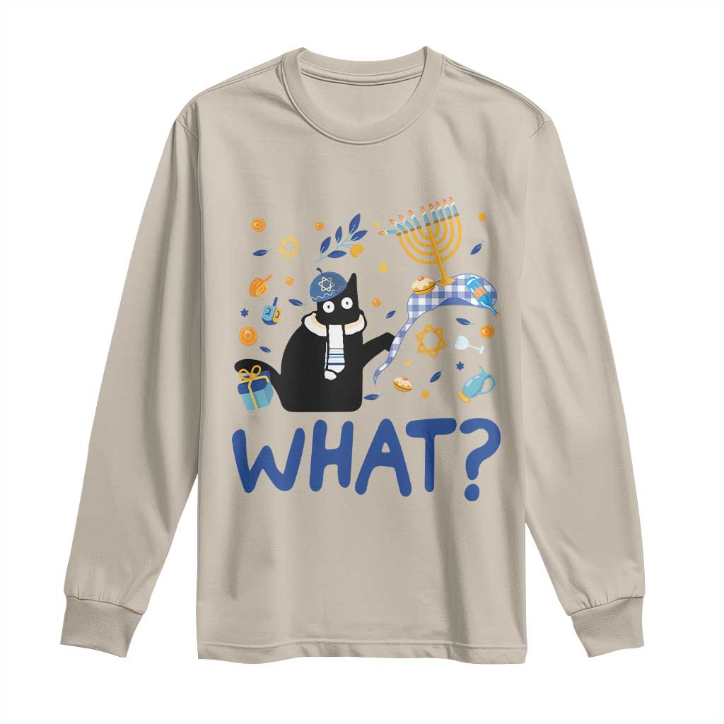 Hanukkah cat long-sleeve shirt in sand with blue "WHAT?" print
