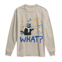 Hanukkah cat long-sleeve shirt in sand with blue "WHAT?" print