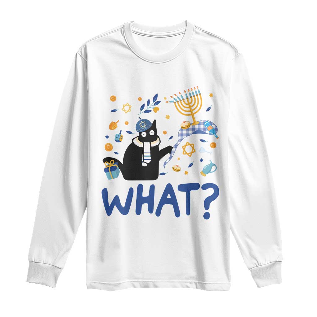 Hanukkah cat long-sleeve shirt in white with blue "WHAT?" print