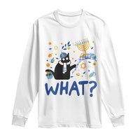 Hanukkah cat long-sleeve shirt in white with blue "WHAT?" print