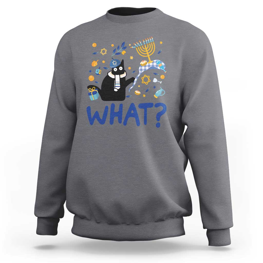 Charcoal gray sweatshirt with cat graphic and “WHAT?” text, long sleeves, crew neck