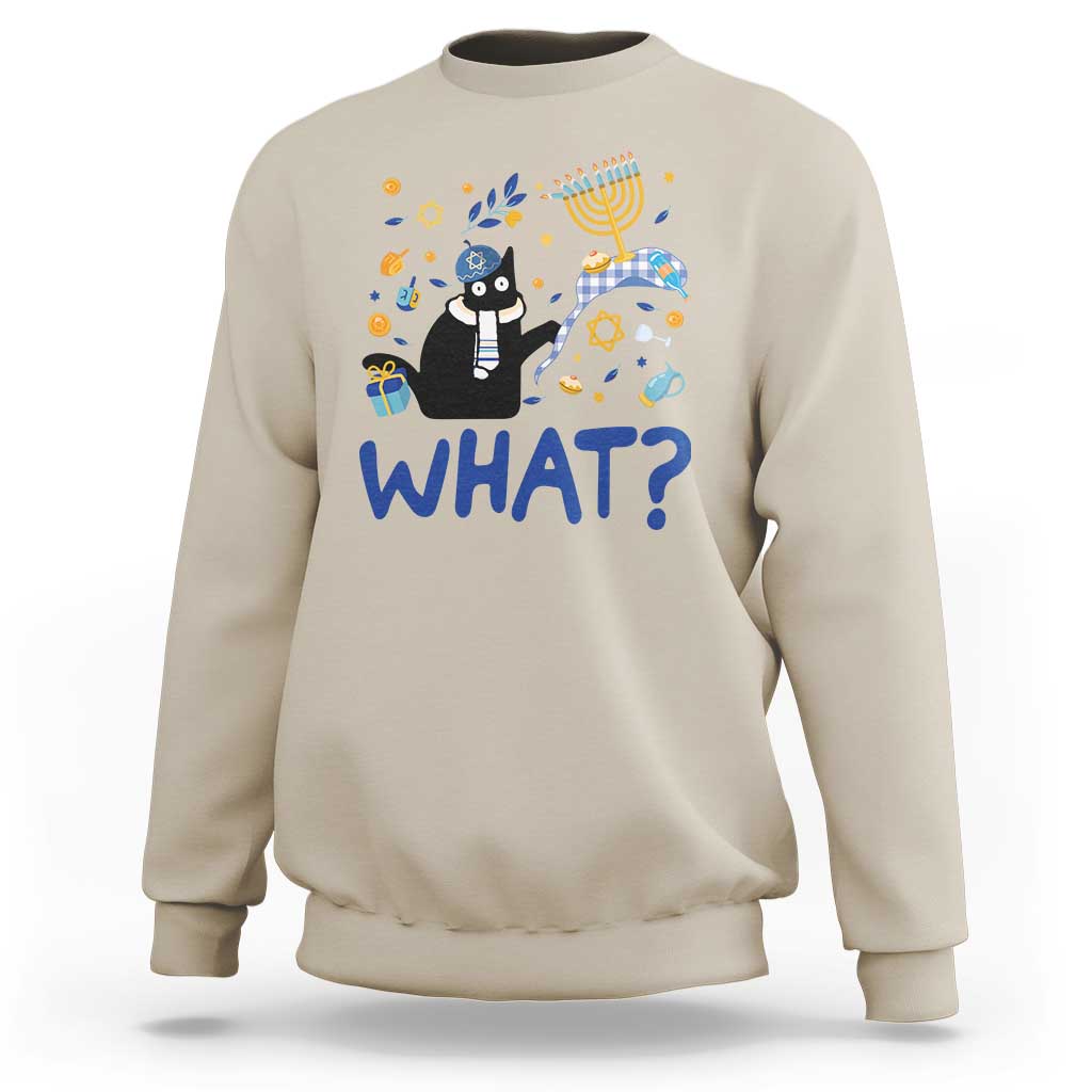 Sand/beige sweatshirt with cat graphic and “WHAT?” text, long sleeves, crew neck