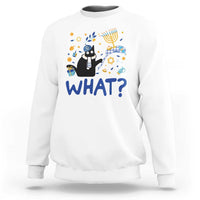 White sweatshirt with cat graphic and “WHAT?” text, long sleeves, crew neck
