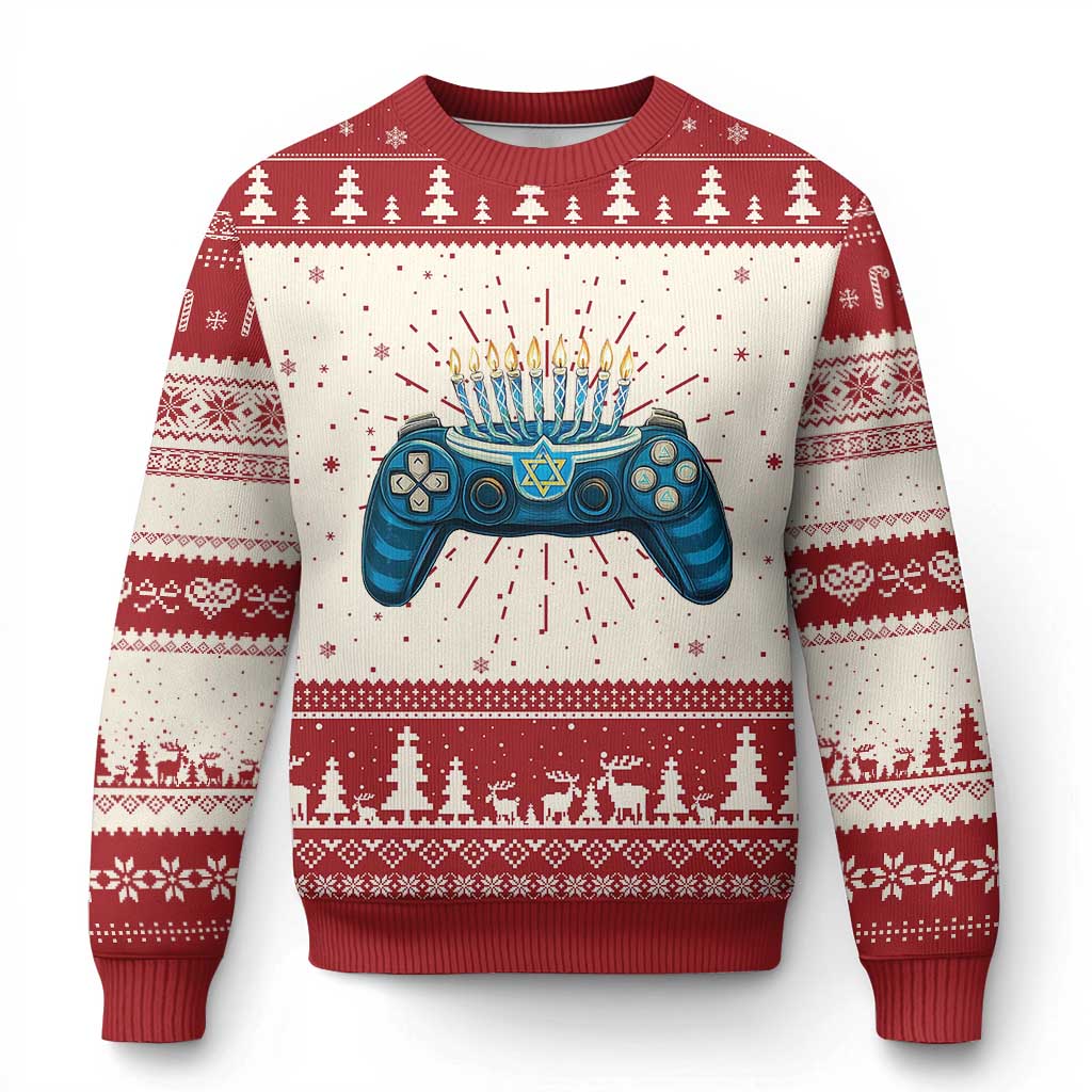 Red gamer Hanukkah sweater with blue controller menorah and festive tree pattern