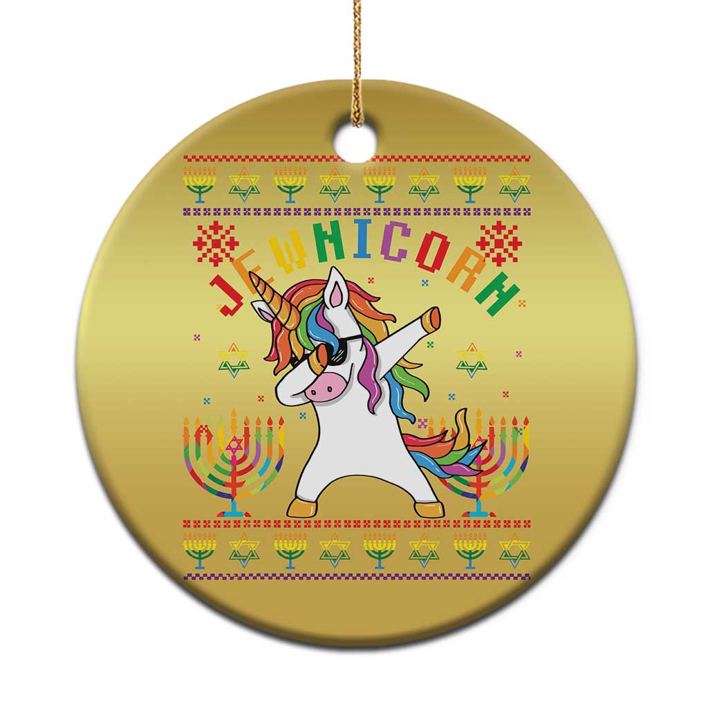 Gold round ornament with unicorn graphic, menorah candles, and “JAI” text on the front, hung.