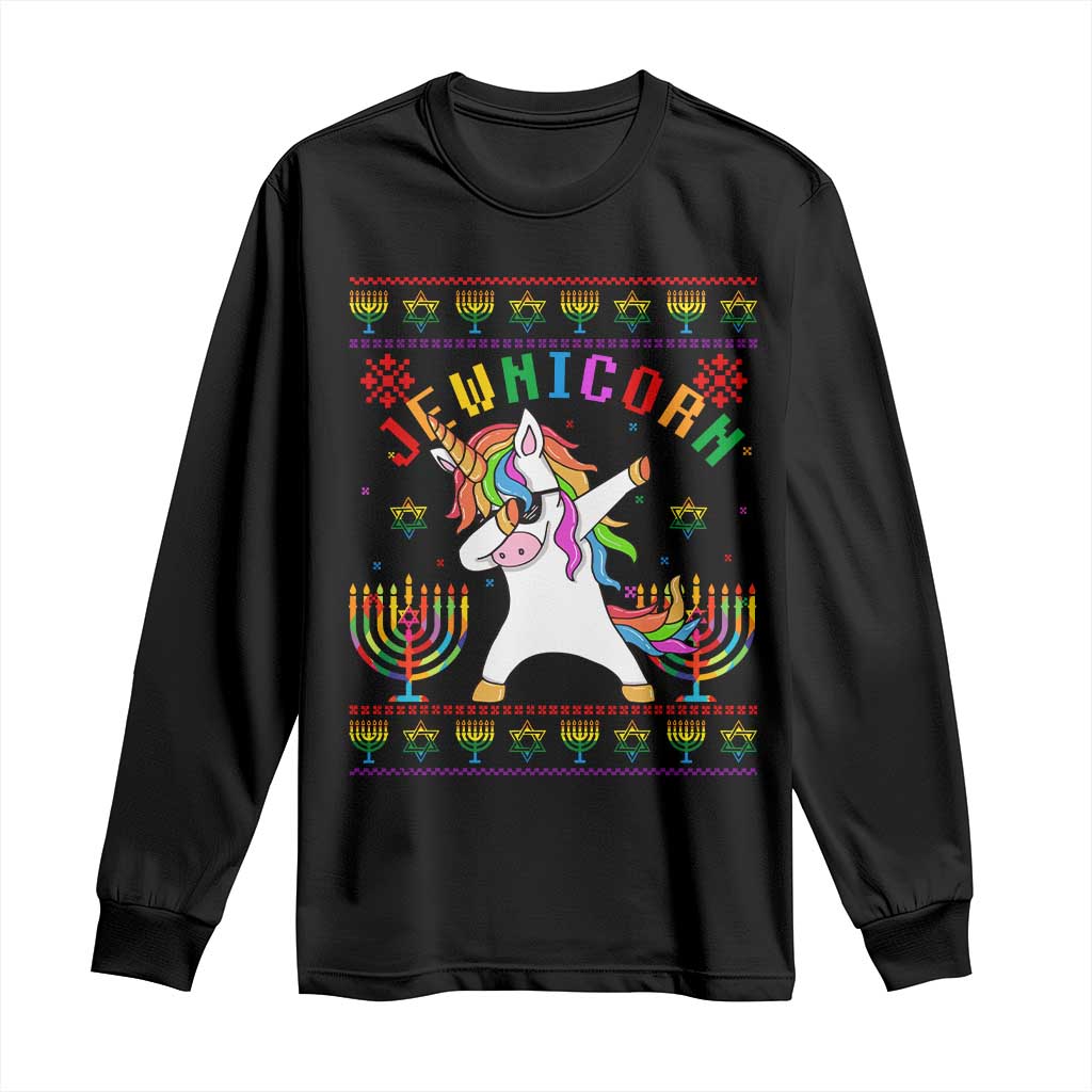 Black long-sleeve T-shirt with unicorn and menorah Hanukkah holiday design
