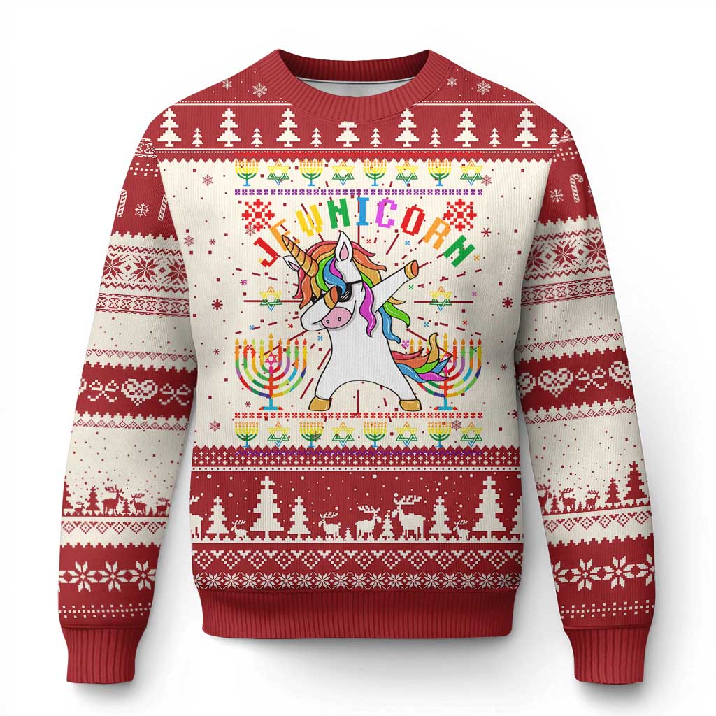 Red ugly Christmas sweater with unicorn graphic, rainbow menorah and winter pattern.