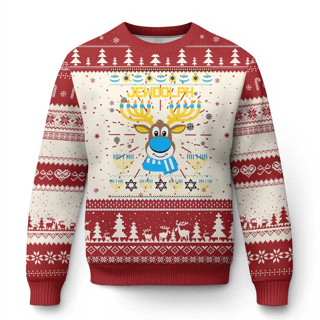 Red and white holiday sweater with reindeer-and-menorah graphic, long sleeves, crew neck.