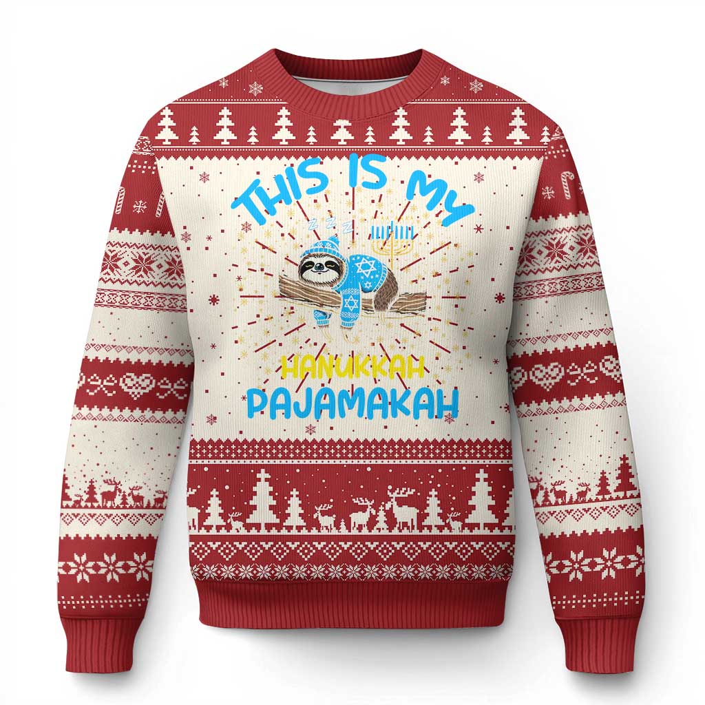 Red and cream holiday pajama sweatshirt with sloth graphic and patterned cuffs