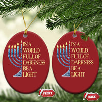 Two red circular ornaments with menorah graphic and “In a world full of darkness, be a light” text
