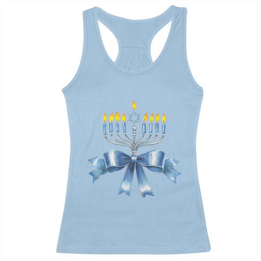 Light blue racerback tank top with menorah and blue ribbon bow graphic on front.