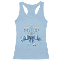 Light blue racerback tank top with menorah and blue ribbon bow graphic on front.