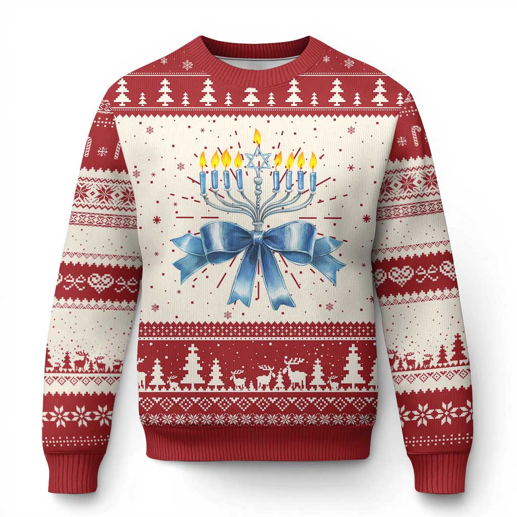 Red Hanukkah menorah bow ugly Christmas sweater with tree fair isle bands