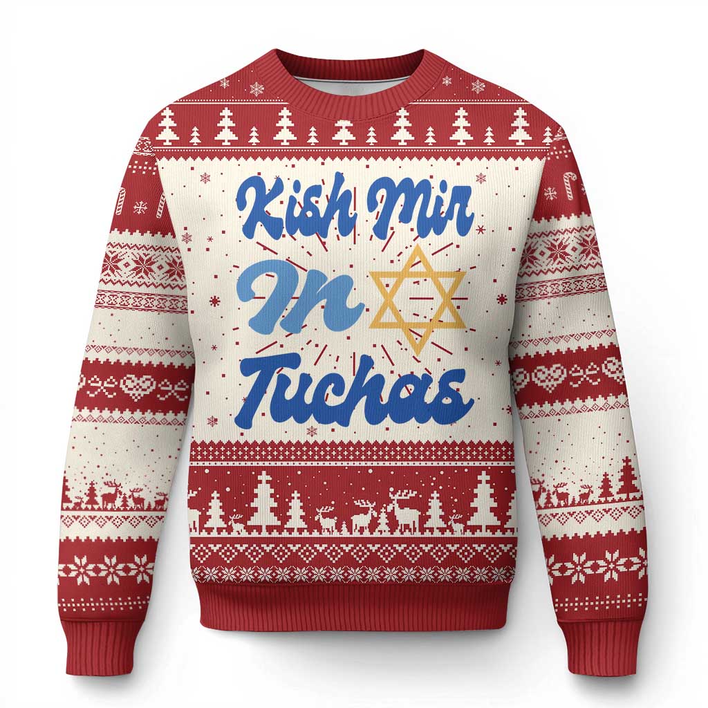 Red and cream festive sweater with tree pattern and 'Kish Mir In Tuchas' print