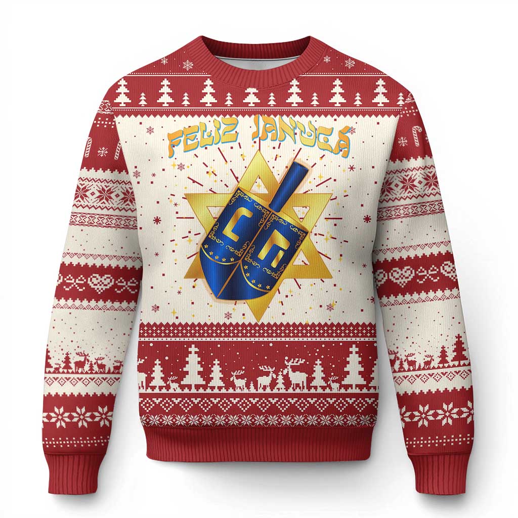 Ugly Christmas sweater in red and white with menorah-style graphic and festive border