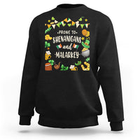 Black crewneck sweatshirt with leprechaun-themed graphic and bold 'SHENANIGANS' text