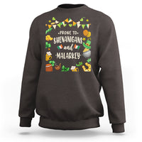 Charcoal gray crewneck sweatshirt with leprechaun-themed graphic and bold 'SHENANIGANS' text