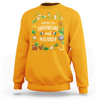 Gold crewneck sweatshirt with leprechaun-themed graphic and bold 'SHENANIGANS' text