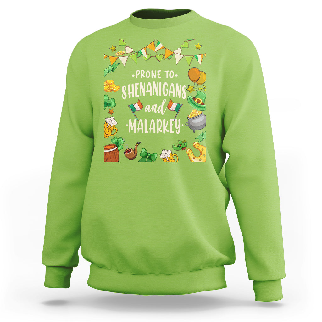 Lime green crewneck sweatshirt with leprechaun-themed graphic and bold 'SHENANIGANS' text