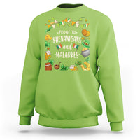 Lime green crewneck sweatshirt with leprechaun-themed graphic and bold 'SHENANIGANS' text