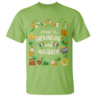 St. Patrick's Day T-shirt, lime green crewneck, front 'Prone to Shenanigans and Malarkey' graphic.