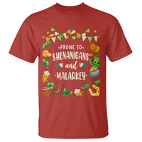 St. Patrick's Day T-shirt, red crewneck, front 'Prone to Shenanigans and Malarkey' graphic.