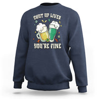 Navy St. Patrick's Day sweatshirt, beer-liver 'You're Fine' graphic