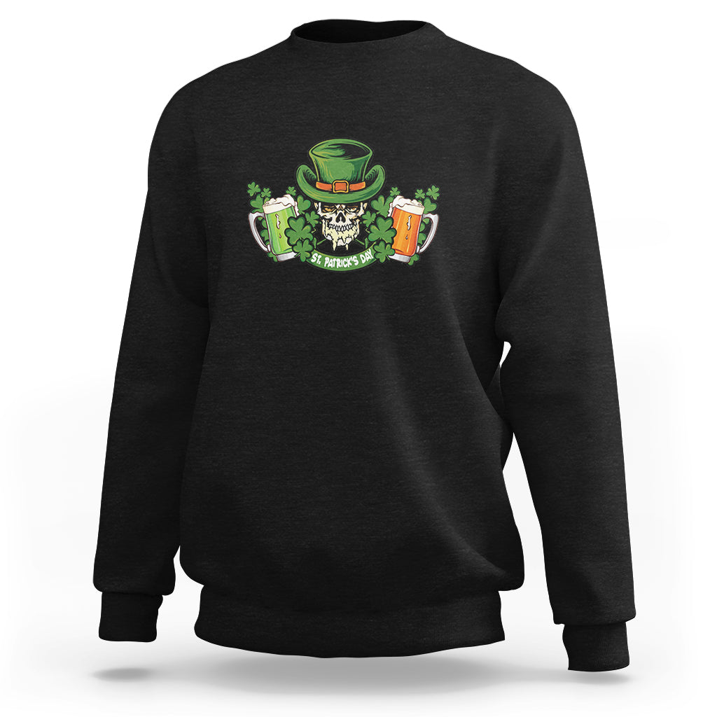 Black crewneck sweatshirt with front graphic of skeleton holding beer mugs and shamrocks