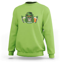 Lime green crewneck sweatshirt with front graphic of skeleton holding beer mugs and shamrocks