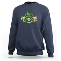 Navy blue crewneck sweatshirt with front graphic of skeleton holding beer mugs and shamrocks
