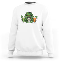 White crewneck sweatshirt with front graphic of skeleton holding beer mugs and shamrocks