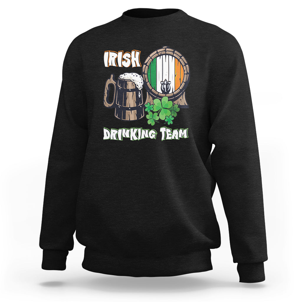 Black crewneck sweatshirt with beer mug, barrel, and clover graphic